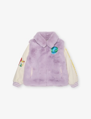 STELLA MCCARTNEY: Embroidered-Patch Classic-Collar Faux-Fur Jacket