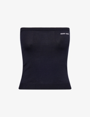 Miu Miu Womens Bleu Logo-intarsia Bandeau Wool Knitted Top In Blue
