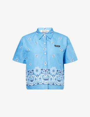 MIU MIU: Boxy-Fit Graphic-Pattern Cotton-And-Linen Shirt