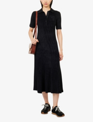 Lacoste Womens  Fluffy Polo-collar Knitted Maxi Dress In Black