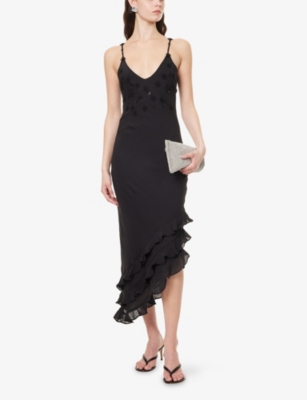 Sister Jane Womens Black Forget Me Not Asymmetric Woven Midi Dress