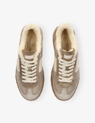 Valentino Upvillage Corduroy-panel Shearling Sneakers In Brown