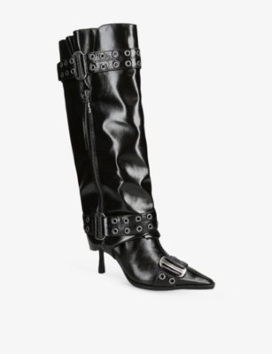 Steve Madden Womens Black Showcaser Faux-leather Heeled Knee-high Boots Eur 39 / 6 Uk In Black