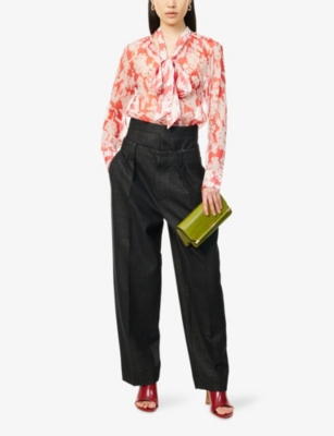 Floral-Print Pleated Silk Blouse
