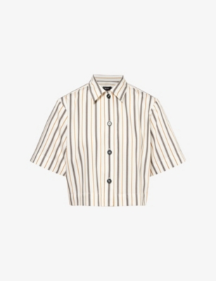 Me And Em And Em Womens White/tobacco Fluid Stripe Cropped Woven Overshirt