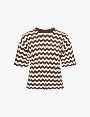 Me And Em And Em Womens Cream/summer Chocola Stripe Scallop-knit Relaxed Cotton T-shirt Xs