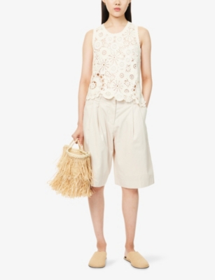 Me And Em And Em Womens Cream Asymmetric Cotton Crochet-knit Vest Top