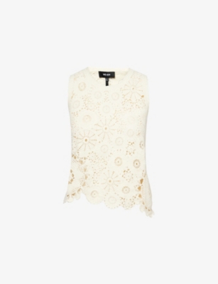 Me And Em And Em Womens Cream Asymmetric Cotton Crochet-knit Vest Top