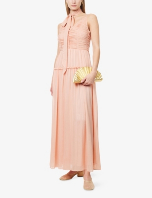 Me And Em And Em Womens Textured Sleeveless Silk Maxi Dress + Tie Peach Sorbet