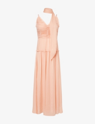 Me And Em And Em Womens Textured Sleeveless Silk Maxi Dress + Tie Peach Sorbet