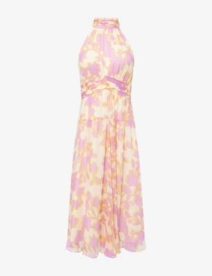 Me And Em And Em Womens Shadow Paradise Print Halterneck Silk Midi Dress Buttercream/lilac/mu