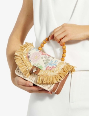 Dune Womens Multi Raffia Blooms Floral-print Raffia Top-handle Bag