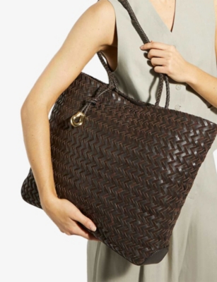 Dune Womens Daxon Large Woven Leather Tote Dark Brown Leather