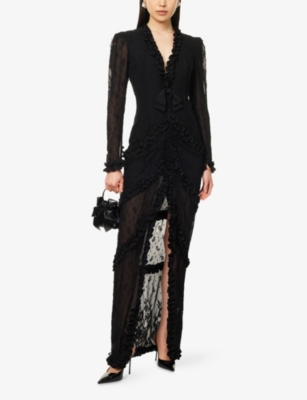 Shop Alessandra Rich Womens Black V-neck Ruffled Lace Maxi Dress
