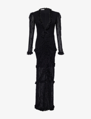 Alessandra Rich Womens Black V-neck Ruffled Lace Maxi Dress