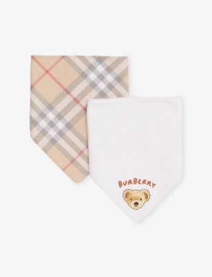 BURBERRY: Bear and Check Print Cotton Pack-of-Two Bib Set