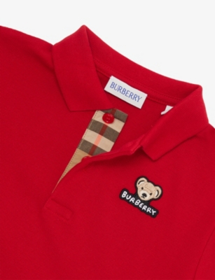 Burberry Poppy Red Bear Embroidered Cotton-pique Polo Shirt 6 Months - 2 Year In Red