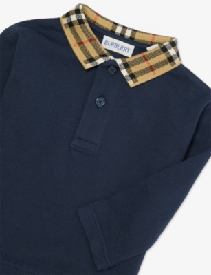 Burberry Storm Blue Check-print Long-sleeves Cotton-piqué 6 Months-2 Year In Blue