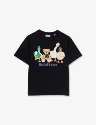 Burberry Black Teddy-print Short-sleeve Cotton T-shirt 3-14 In Black