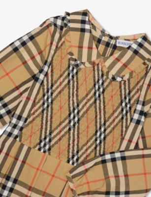 Burberry Sand Ip Check Check-print Smocked Cotton-poplin Dress 3-14 In Brown