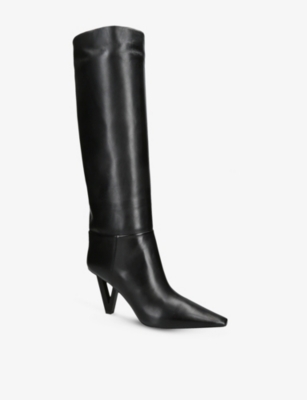 VERSACE: V2025 85 Leather Heeled Knee-High Boots
