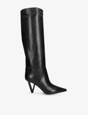 VERSACE: V2025 85 Leather Heeled Knee-High Boots
