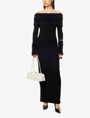 Jean Paul Gaultier Womens Off-shoulder Faux Fur-trim Ribbed-knit Maxi Dress Black Xs In Black