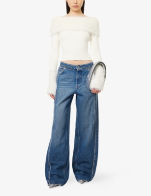 JEAN PAUL GAULTIER: Off-Shoulder Faux Fur-Trim Ribbed Jumper