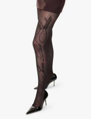 Jean Paul Gaultier Womens Black Logo-script Sheer Tights In Black