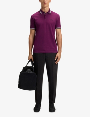 Hugo Boss Mens Bright Pink Brand-embroidered Striped-trim Cotton-piqué Polo Shirt In Brown