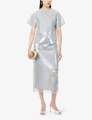 Huishan Zhang Womens Silver Oakley Sequin Woven Midi Skirt In Silver