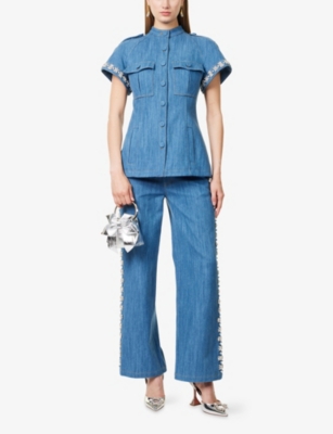 Huishan Zhang Womens Brenda Embellished Short-sleeve Denim Jacket In Blue