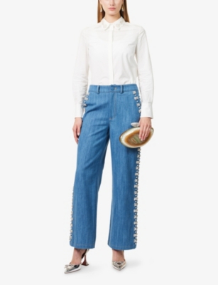 Huishan Zhang Womens White Ondine Embellished-collar Cotton Shirt