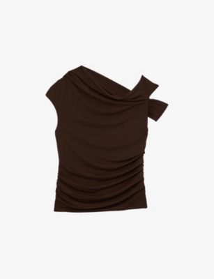 Reiss Womens Serena Off-shoulder Ruched Stretch-jersey Top Chocolate Brown In Brown