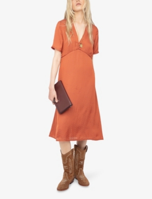 Zadig & Voltaire Womens Sienna V-neck Short-sleeved Satin Midi Dress In Brown