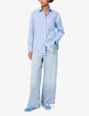 Hommegirls Womens Blue Stripe Striped Double-hem Cotton-poplin Mini Dress