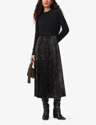 Allsaints Womens Black/fango Gr Evia Two-in-one Stretch-woven Midi Dress In Multi