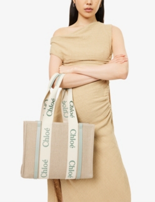 Chloé Womens Woody Medium Linen Tote Bag Bluish Green