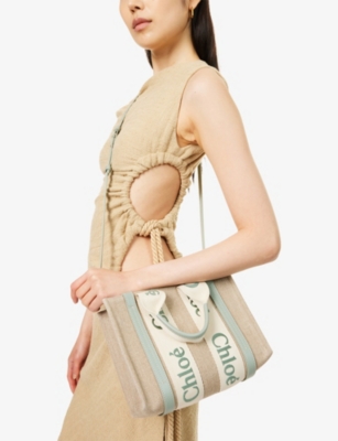 Chloé Womens Woody Small Linen Tote Bag Bluish Green