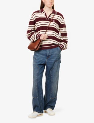 Shop The Couture Club Womens Cream/burgundy Stripe-print Long-sleeve Knitted Rugby Polo Top