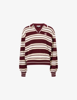 Shop The Couture Club Womens Cream/burgundy Stripe-print Long-sleeve Knitted Rugby Polo Top
