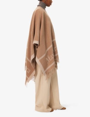 Max Mara Womens Camel Logo-print Fringed Wool Scarf In Brown