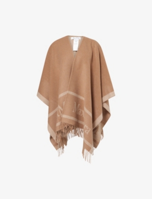 Max Mara Womens Camel Logo-print Fringed Wool Scarf In Brown