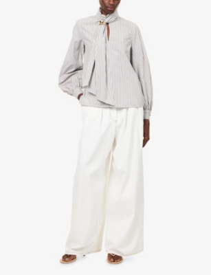 Max Mara Womens Hazelnut Brown Disco Striped Stretch-cotton Blouse In White