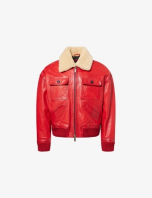 DSQUARED2: Shearling-Collar Aviator Leather Bomber Jacket
