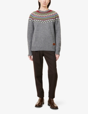 Dsquared2 Mens Multicolor Jacquard Intarsia Logo-patch Wool Knitted Jumper In Gray