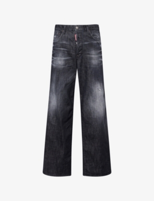 Dsquared2 Mens Black Brand-patch Wide-leg Loose-fit Denim Jeans