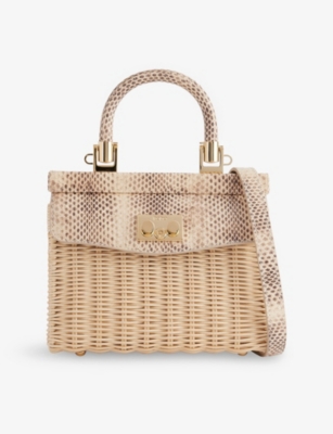 Rodo Womens Small Willow Paris Snakeskin-pattern Faux-leather And Wicker Top-handle Bag Beige/light Weave