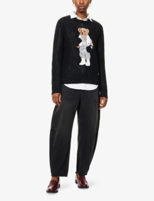 Polo Ralph Lauren Womens Polo Black Embroidered Boxing Bear Open Knit Jumper Xs In Black