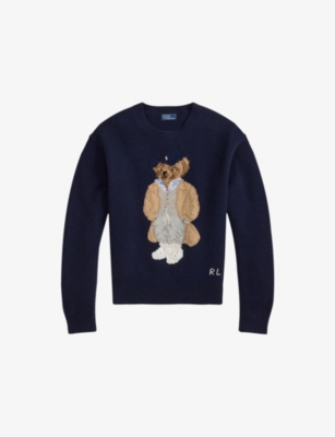 Polo Ralph Lauren Womens Polo Bear Embroidered Wool And Cashmere Jumper Hunter Navy In Blue